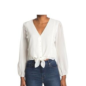 WAYF Women's Lace Trim Knotted Long Sleeve Blouse White